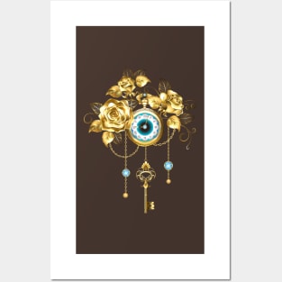 Steampunk Clock with Gold Roses Posters and Art